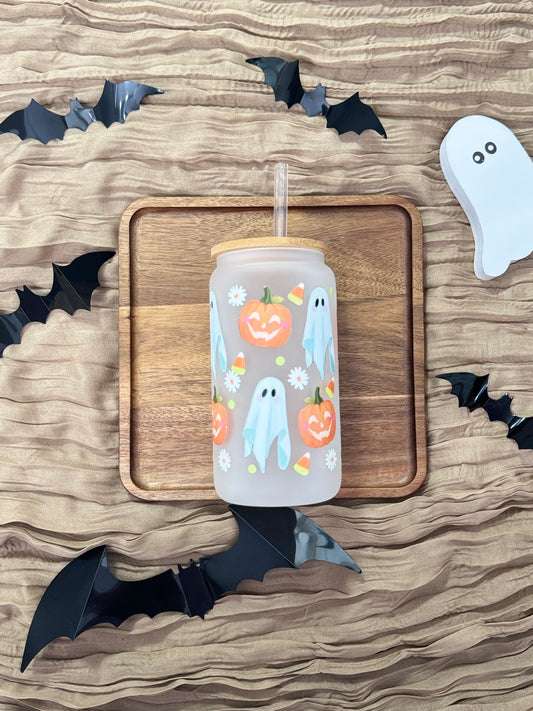 Pumpkin Kisses & Ghostly Wishes 16oz Glass Tumbler