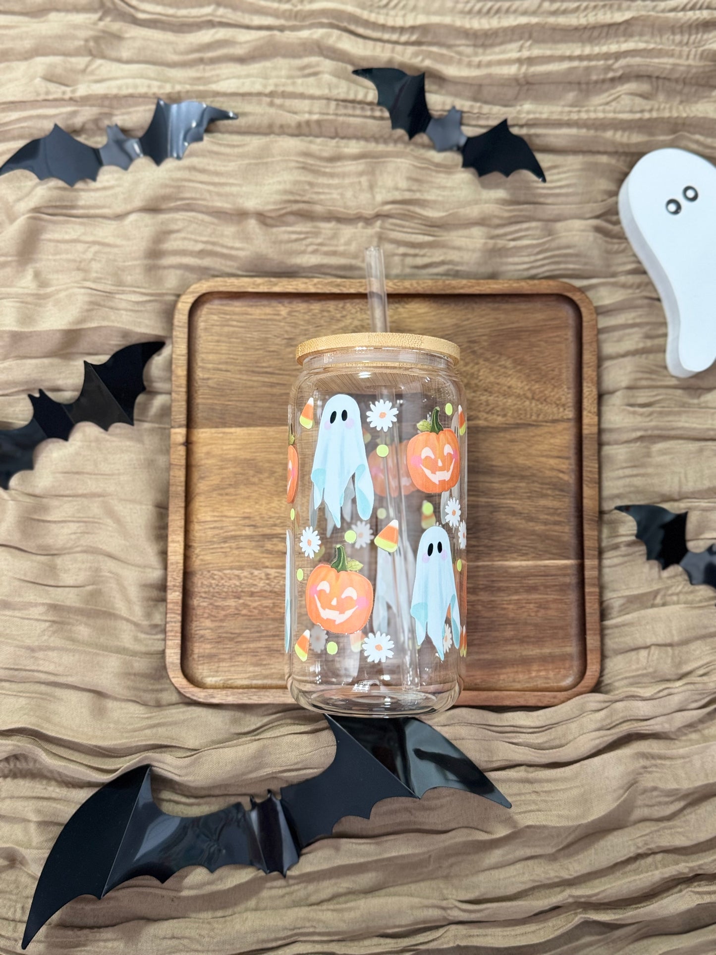 Pumpkin Kisses & Ghostly Wishes 16oz Glass Tumbler